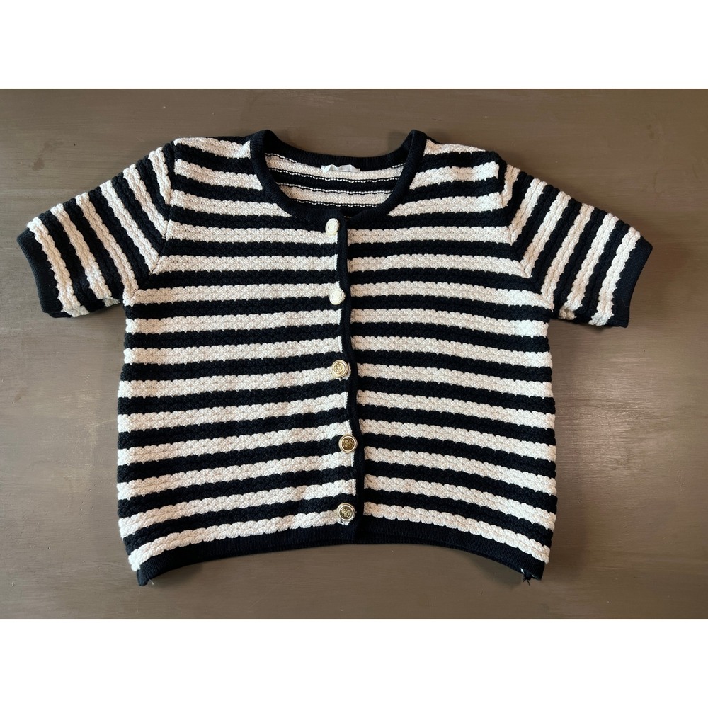 in Loom Cardigan Black Cream Striped Cotton Cropped Preppy Coastal French Girl